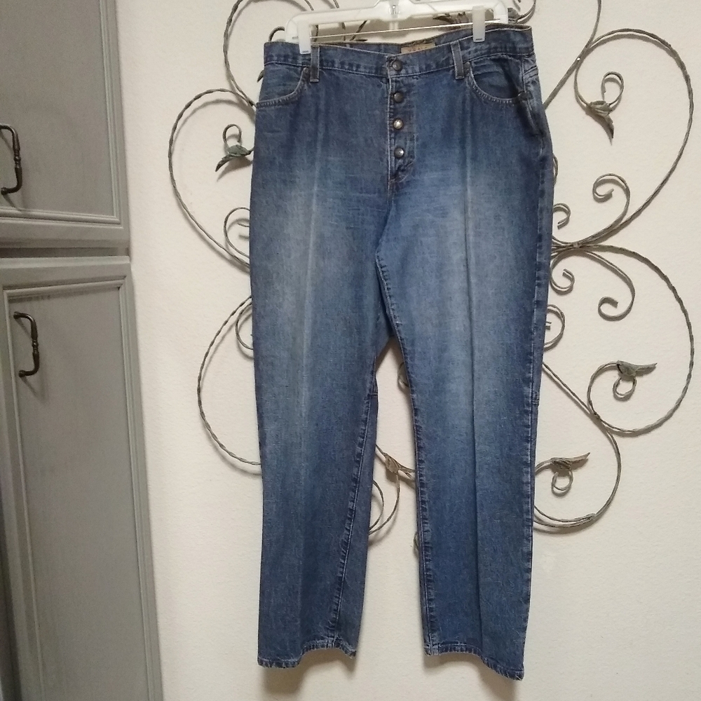 ZENA metal snap button-fly wide straight leg vintage jeans, 16